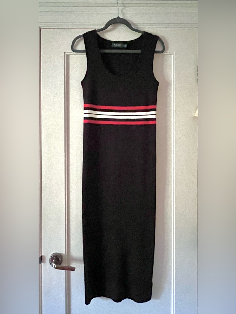 NWOT Ralph Lauren Black Maxi Dress with Red & White Waist Stripes, Size M
